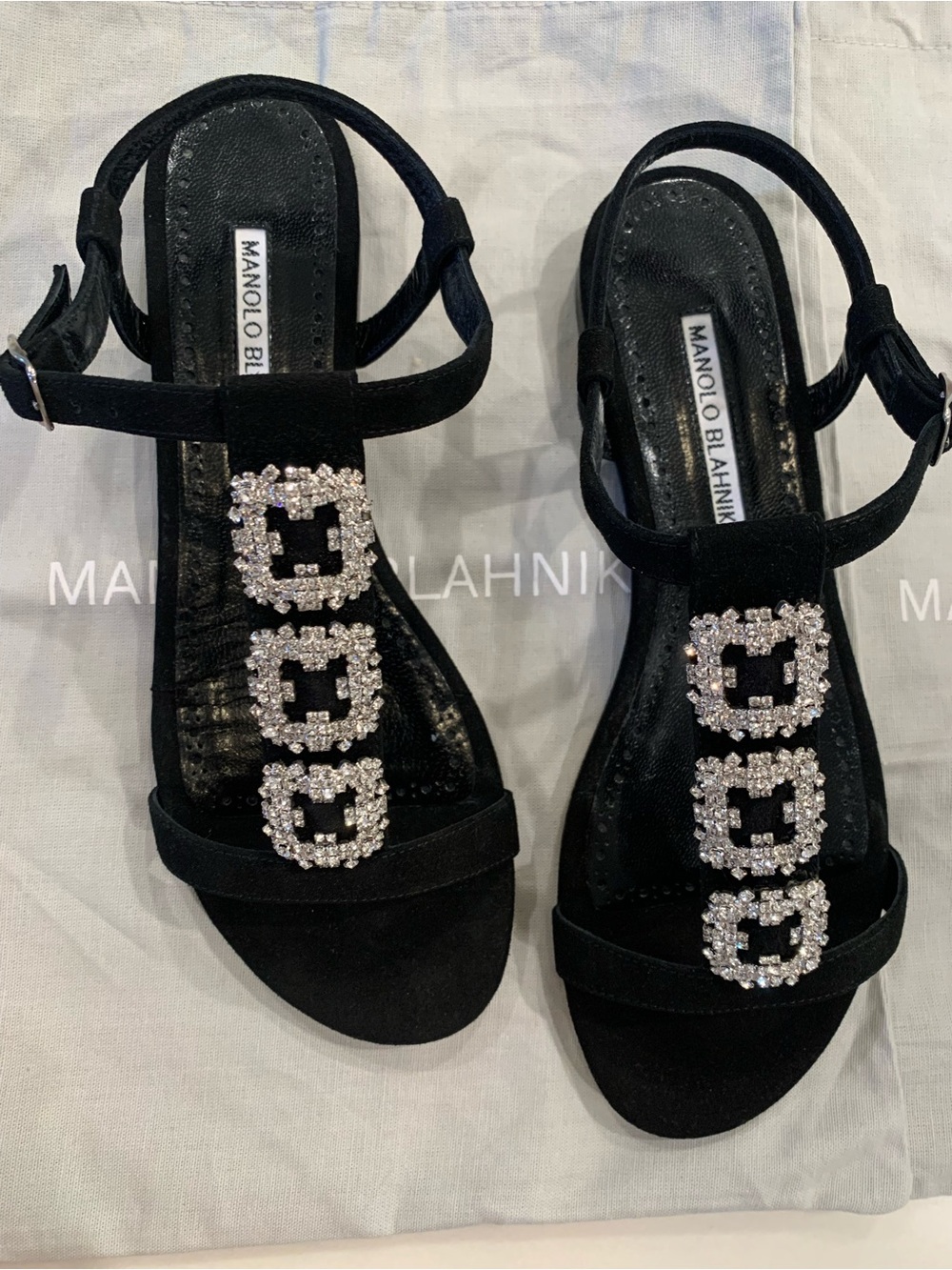 Manolo Blahnik Black Suede Sandals with Crystal Buckles - Picture 2 of 4